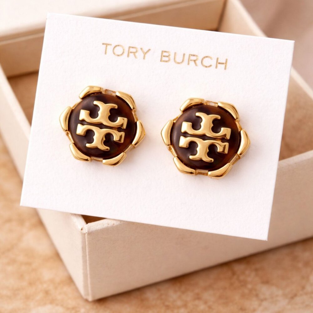 Tory Burch Britten Logo Stud Earrings Gold Tortoise Enamel Style 80248